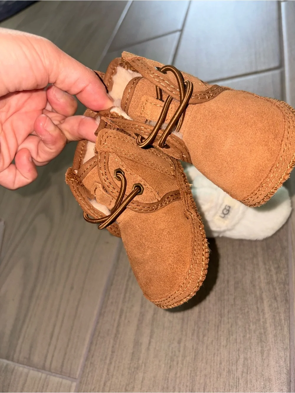 UGG Baby Chestnut Suede Boots & Cream Fuzzy Slippers Set